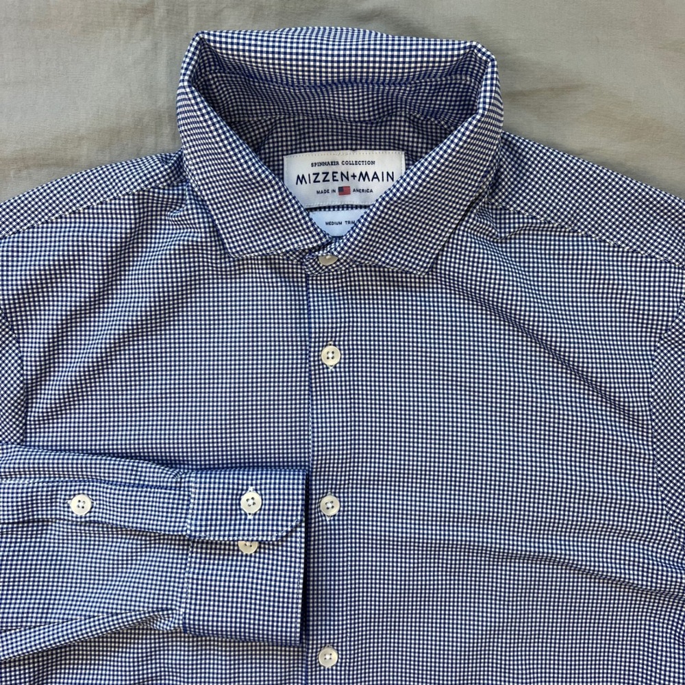 Mizzen+Main Mens Button Shirt Medium Trim Fit Gingham Dress Blue White Spinnaker